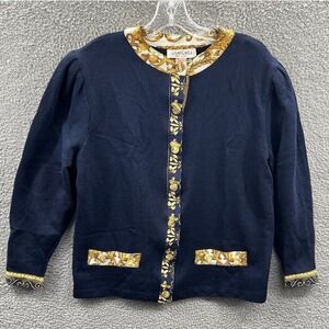 Vintage Women Cardigan Sweater XL Navy Baroque Trim Old Money Preppy Classic USA